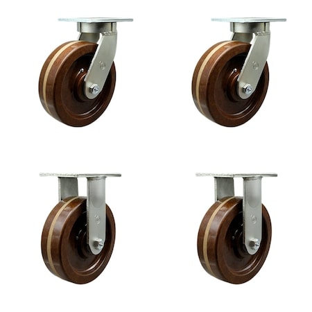 Service Caster 10'' Heavy Duty High Temp Phenolic Swivel Caster Set 2 Swivel Locks 2 Rigid, 4PK CRAN-SCC-KP92S1030-PHRHT-BSL-2-R-2